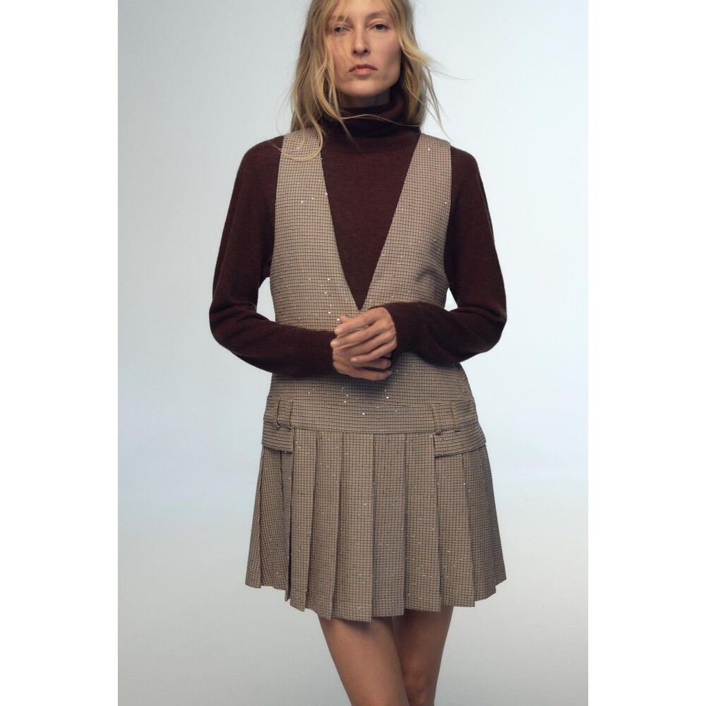 Zara Pleated Pinafore Dress Medium Brown Sequin Y2K Preppy Academia Old Money